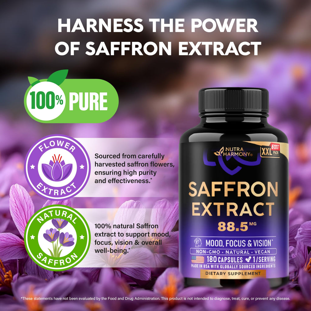 Saffron Supplements - Saffron Extract 88.5mg - Mood & Vision - 180 Capsules | Pure Saffron - Energy Support & Eye Health for Women & Men - Lab Tested - NonGMO Vegan Pills - 180-Day Supply