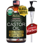 USDA Organic Castor Oil, 100% Pure Cold-Pressed Hexane-Free, 16 Oz | For Hair Growth, Stomach, Fuller Lashes & Brows, Skin Nourishment – Ricinoleic Fatty Acids, Unrefined, Glass Bottle with Pump