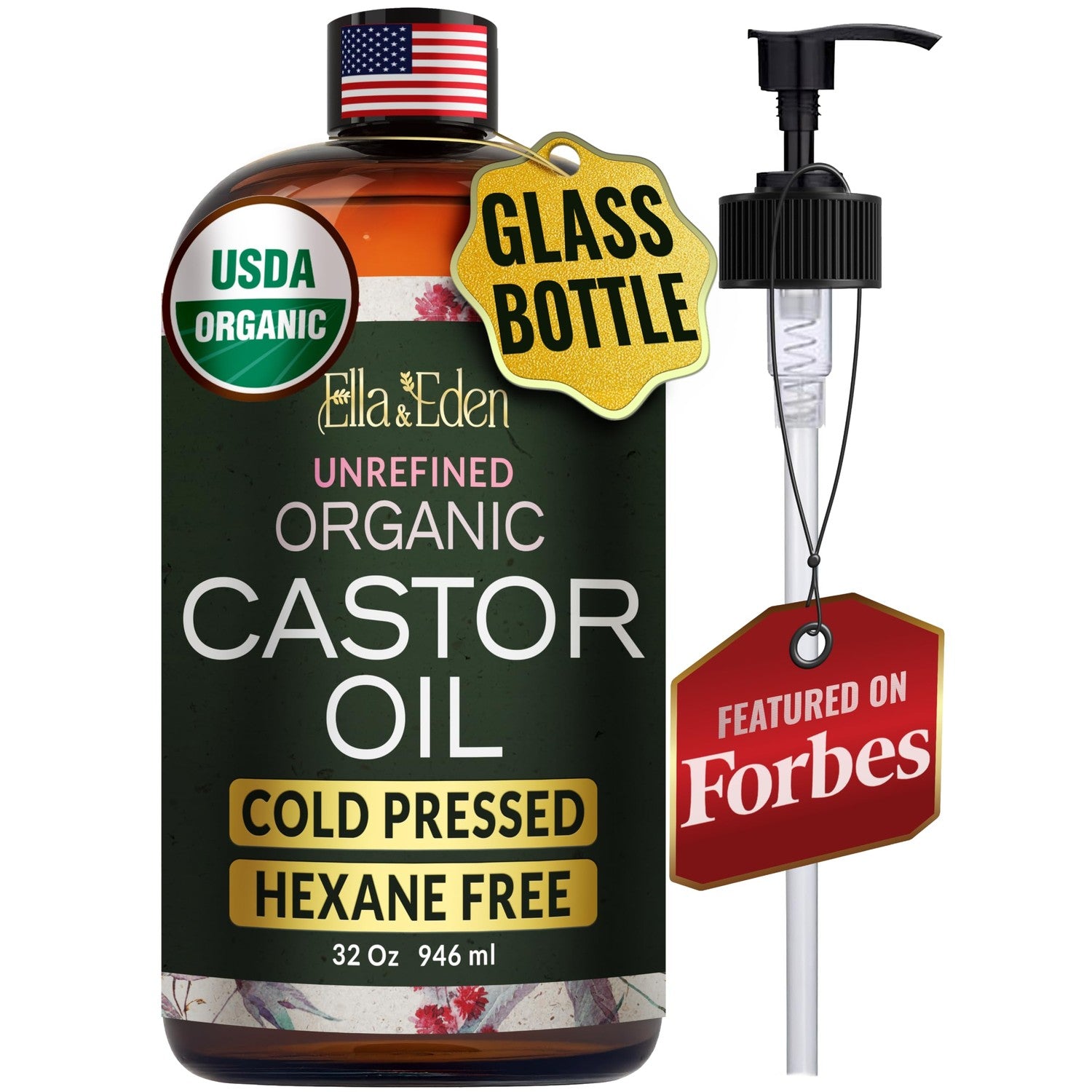 USDA Organic Castor Oil, 100% Pure Cold-Pressed Hexane-Free, 16 Oz | For Hair Growth, Stomach, Fuller Lashes & Brows, Skin Nourishment – Ricinoleic Fatty Acids, Unrefined, Glass Bottle with Pump