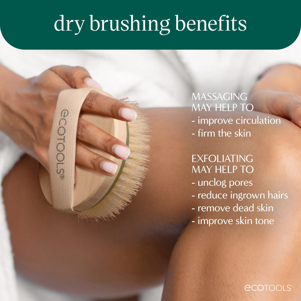 EcoTools Dry Body Brush for Dry Brushing, Smooth Skin, 1 Count | Soft, glowing skin, body scrub brush, leg exfoliator, travel size, bamboo handle