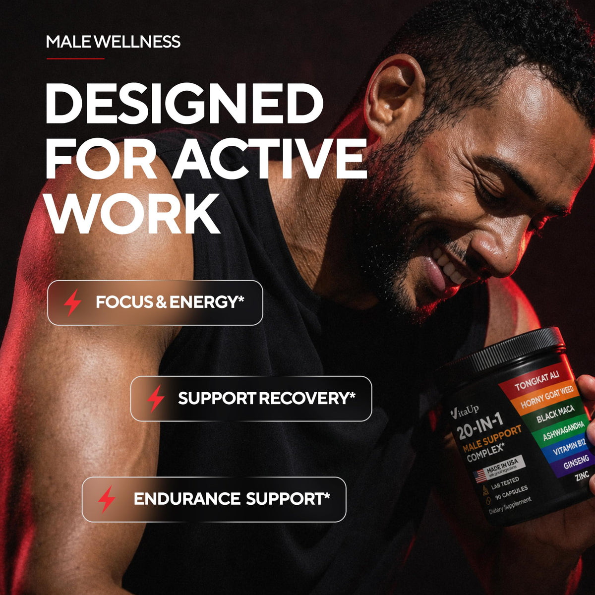 Men Supplements 20 in 1 - Male Supplements with Tongkat Ali, Black Maca Root for Men, Zinc, Vitamin B12, Astragalus for Normal Energy Support - 90 Vegan Caps