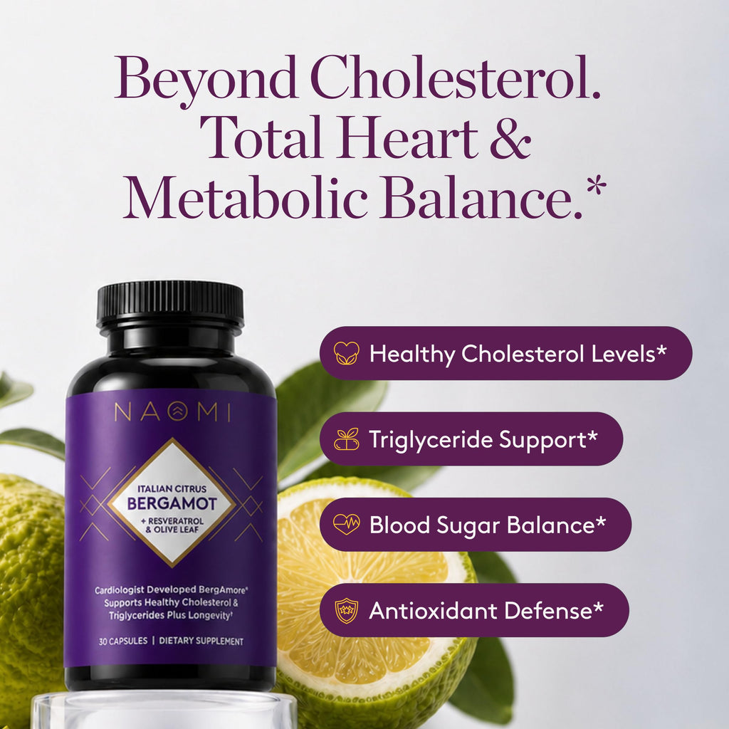 NAOMI Italian Citrus Bergamot 500mg with Resveratrol - Supports Healthy Cholesterol & Triglyceride Levels Already in Normal Range - Patented BergAmore® Extract, 7 Key Polyphenols, 30-Day Supply