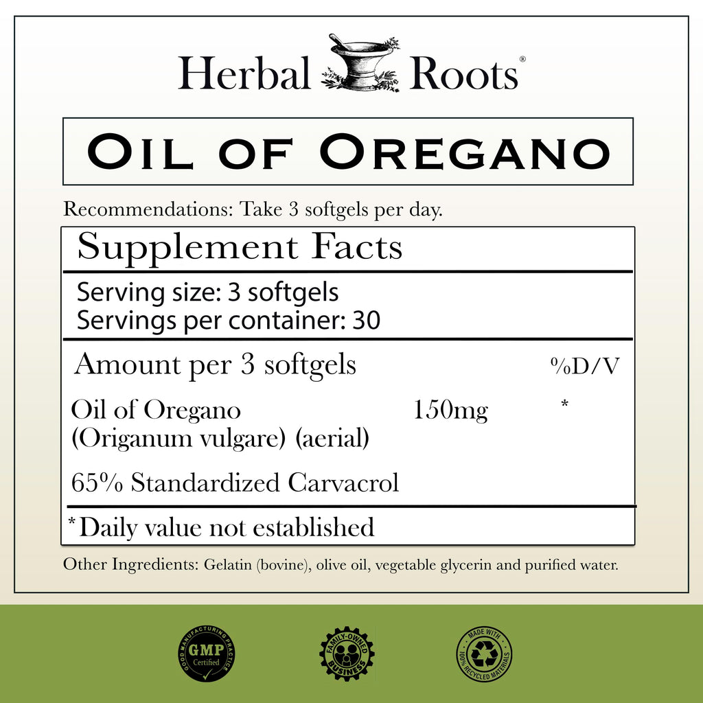 Herbal Roots Oil of Oregano Softgels - 65% Carvacrol - Extra Strength Immune and Gut Health Support - 90 Easy to Swallow Capsules