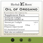 Herbal Roots Oil of Oregano Softgels - 65% Carvacrol - Extra Strength Immune and Gut Health Support - 90 Easy to Swallow Capsules