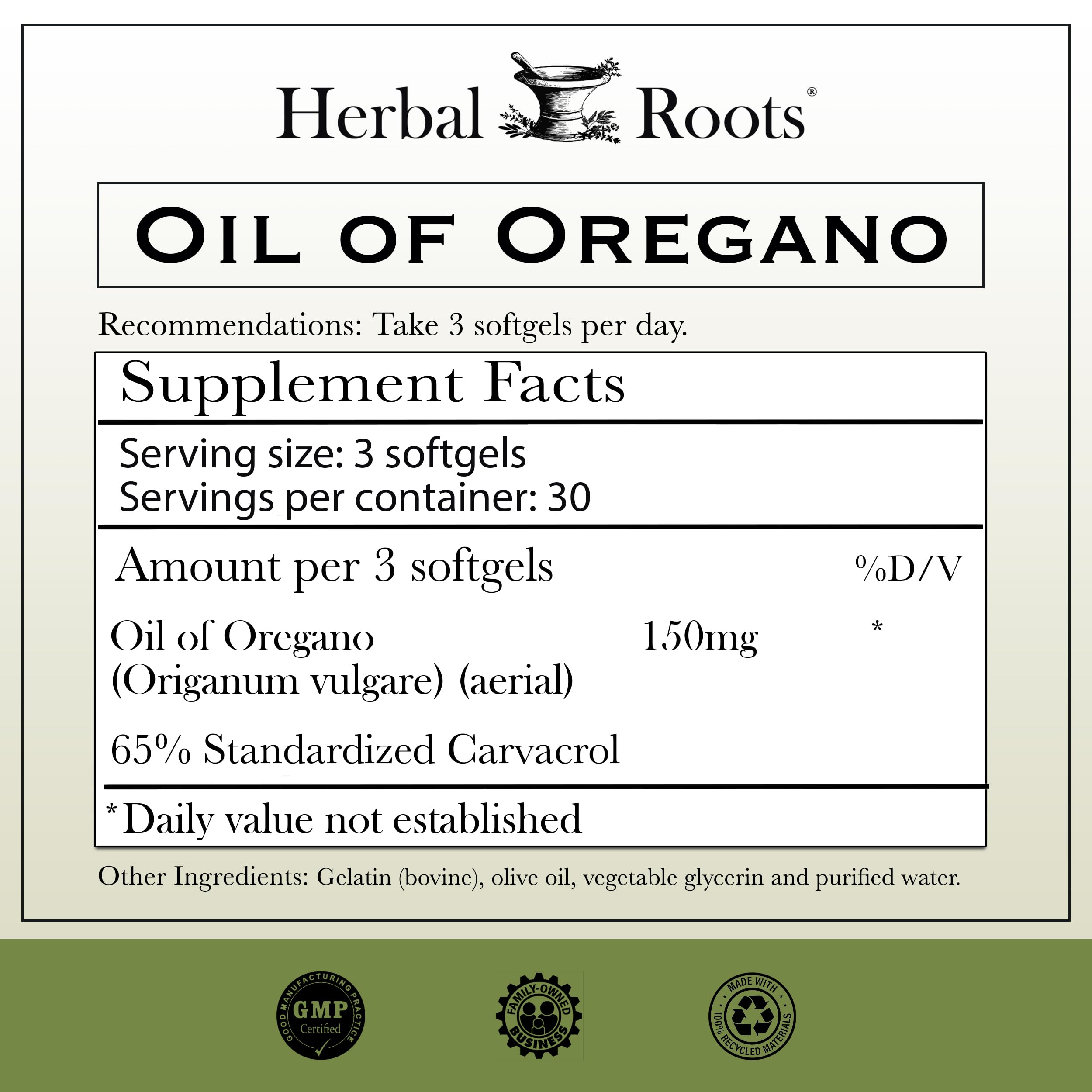 Herbal Roots Oil of Oregano Softgels - 65% Carvacrol - Extra Strength Immune and Gut Health Support - 90 Easy to Swallow Capsules