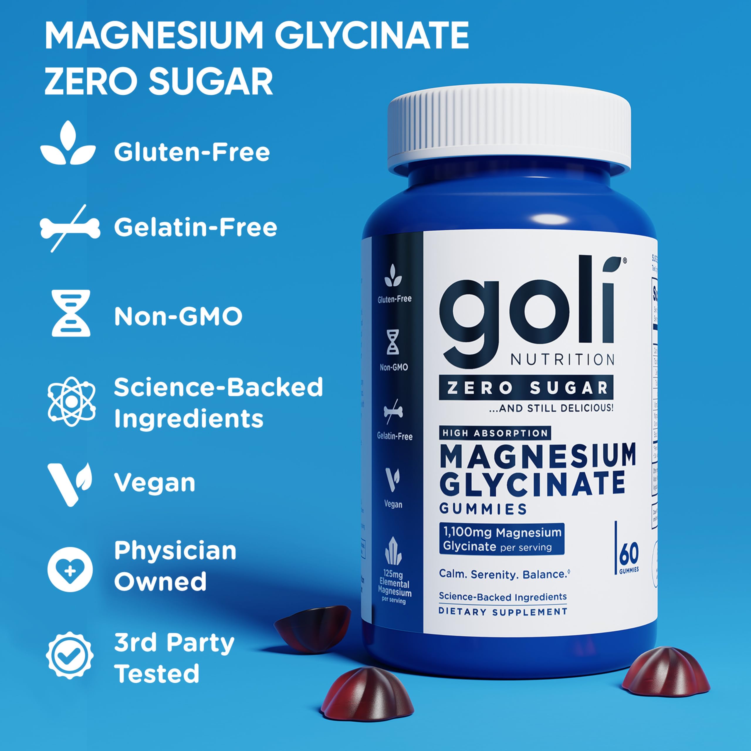Goli Zero Sugar Magnesium Gummies - 125mg Magnesium (from Magnesium Glycinate) with Vitamin D 60 Count Each (3 Pack, 180 Total) - No Artificial Sweeteners, No Sugar Alcohols - Vegan, Gluten-Free