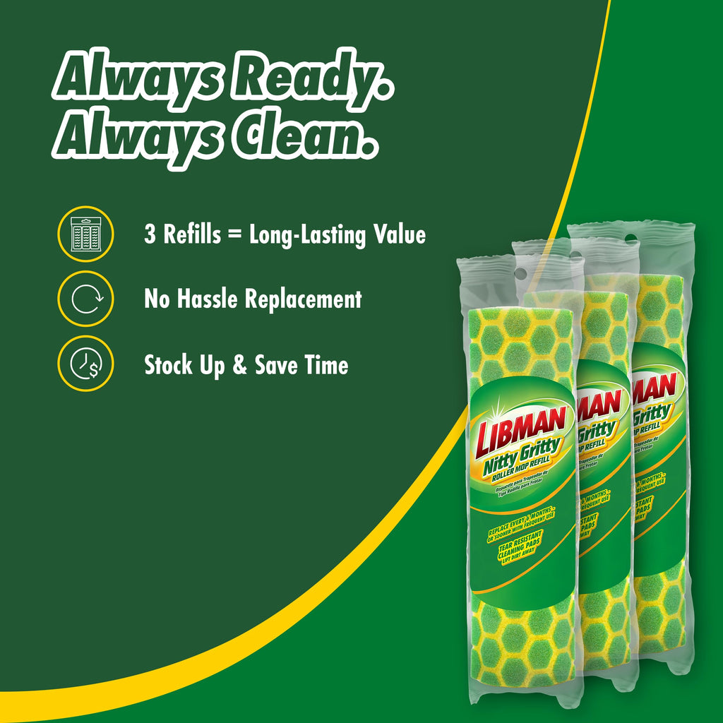 Libman Nitty Gritty Roller Mop Refills, Self Wringing, Sponge, 3 Replacement Heads Included
