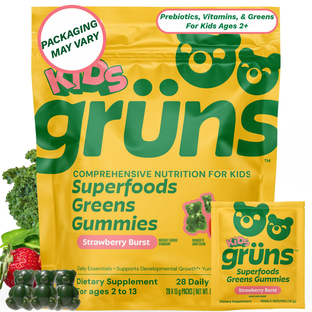 Gruns Kids Multivitamin Kids Greens Gummies, 28 ct | Daily Supplement with Vitamins, Minerals, Adaptogens, and Prebiotic Fiber