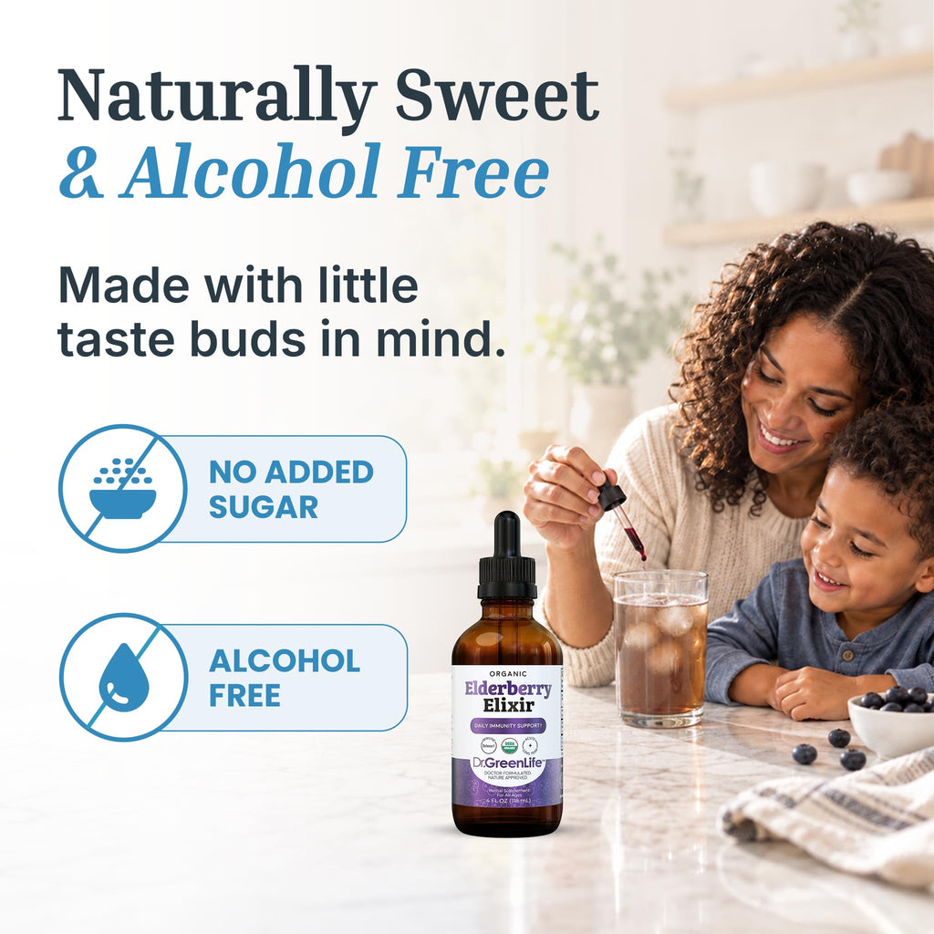 Dr. Green Mom Elderberry Syrup Organic — Elderberry Elixir for Babies, Toddlers & Kids — Cold & Flu Organic Liquid Drops — No Honey — High Potency — Newborn Infant Immune Support & Boost — 4 fl. oz