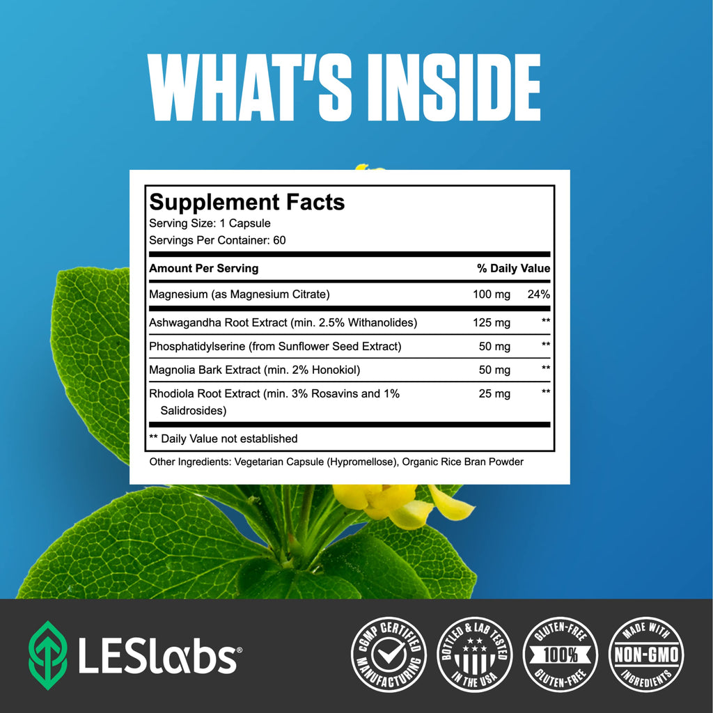 LES Labs Cortisol Health Stress & Sleep Support Supplement, 60 Capsules | Cortisol & Stress Support, Sleep & Relaxation, Ashwagandha, Magnesium, Rhodiola, Phosphatidylserine, Magnolia Bark, Non-GMO
