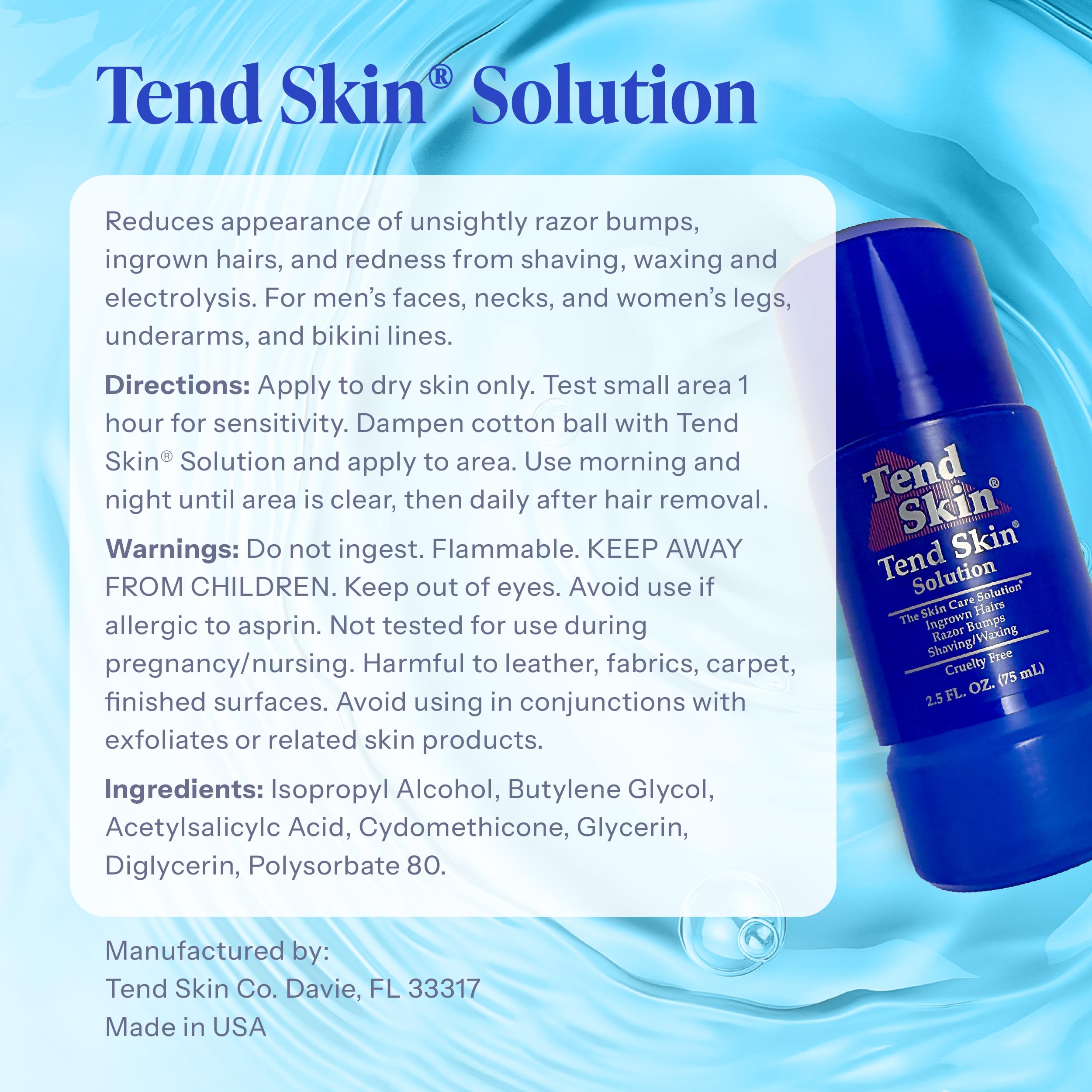 Tend Skin Refillable Roll-On Solution For Razor Bumps & Ingrown Hair 2.5 Oz | Solution for Unsightly Razor Burns, Post Shaving and Waxing Toner, Deodorant, Made in USA
