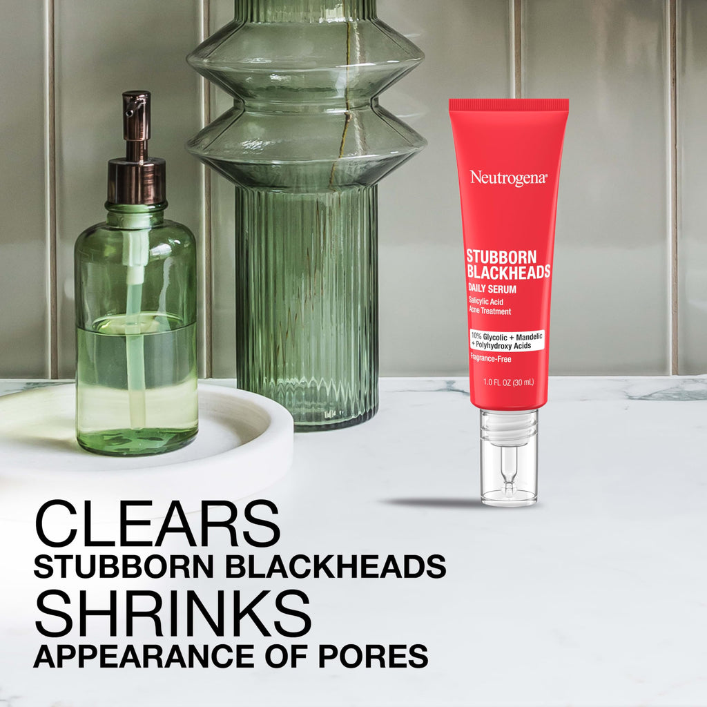 Buy now Neutrogena Stubborn Blackheads Daily Acne Facial Serum with Salicylic, Glycolic, Polyhydroxy & Mandelic Acids, Oil-Free Face Serum for Acne-Prone Skin to Help Clear Clogged Pores, 1 fl. oz at indiglob india