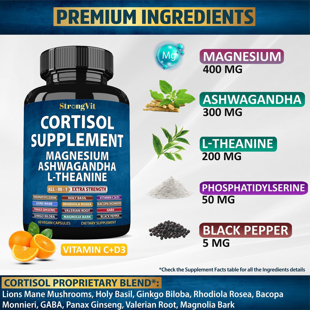 StrongVit Cortisol Supplements for Women and Men with Magnesium, Ashwagandha & L-Theanine. High Cortisol Reducer, Manager, Detox, Lower and Control. Sleep Support & Stress Relief, USA