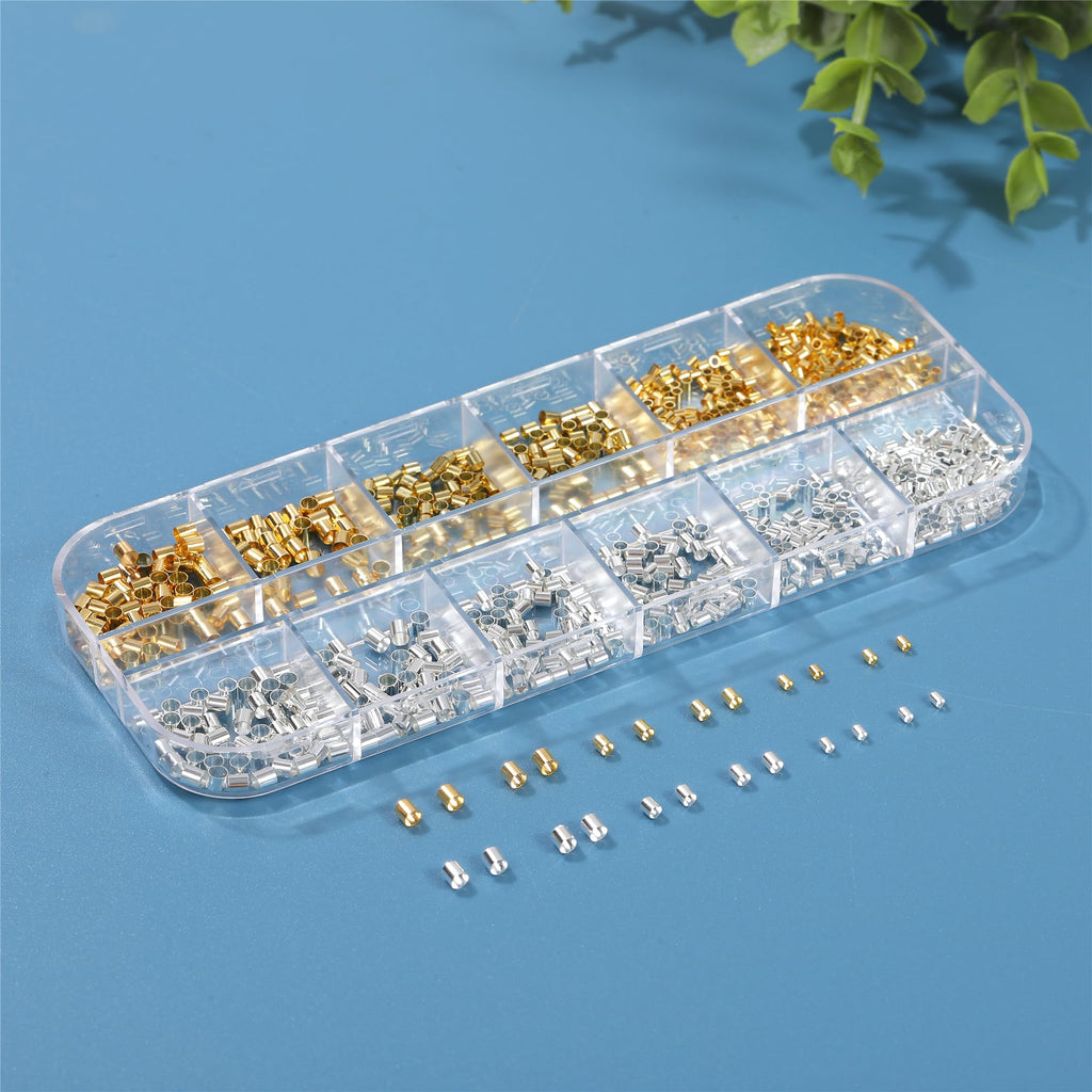 Hudinsun 1050 Pcs Silver and Gold Crimp Beads for Jewelry Making, 1.5mm 2mm 2.5mm Crimping Bead Stopper Crimp Tubes for Earring Necklace Pendant DIY Jewelry Making