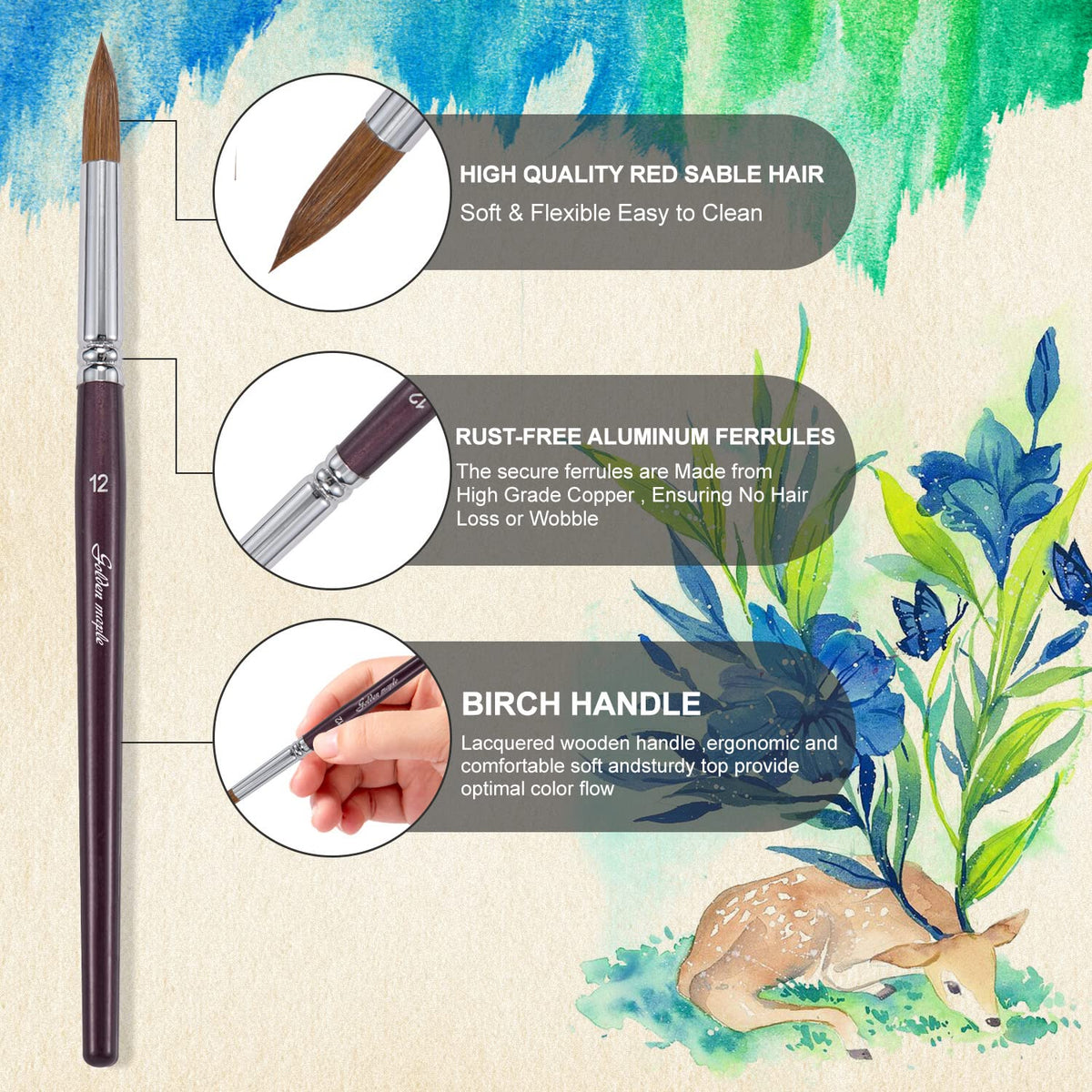 Golden Maple Professional Watercolor Brushes Set - 6PC Natural Hair Horsehair Round Point Artist Paint Brushes for Adults Watercolor Acrylic Ink Gouache Painting Supplies