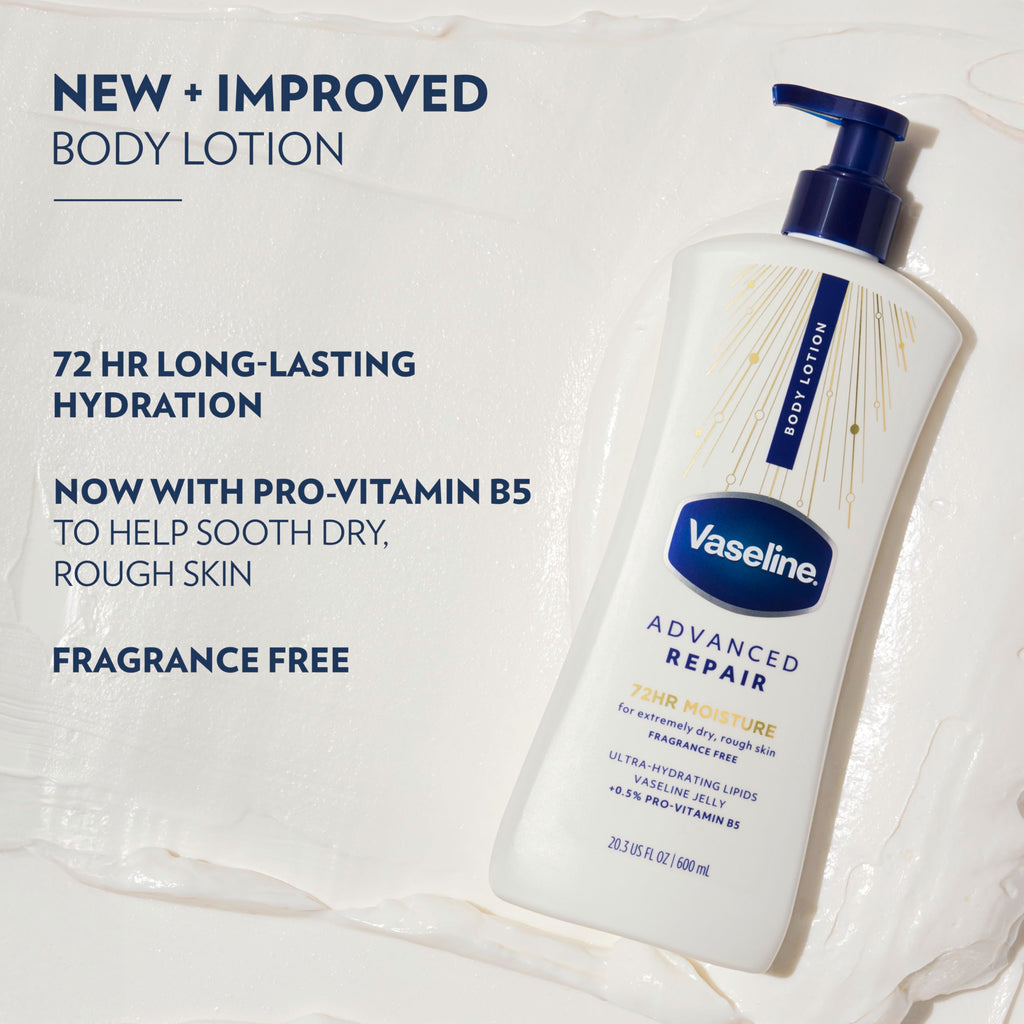 Vaseline Advanced Repair Body Lotion for Dry Skin, Unscented 20.3oz 3ct | Body moisturizer delivers 72HR moisture with Vaseline Jelly & Ultra-Hydrating Lipids to help restore skin's moisture barrier