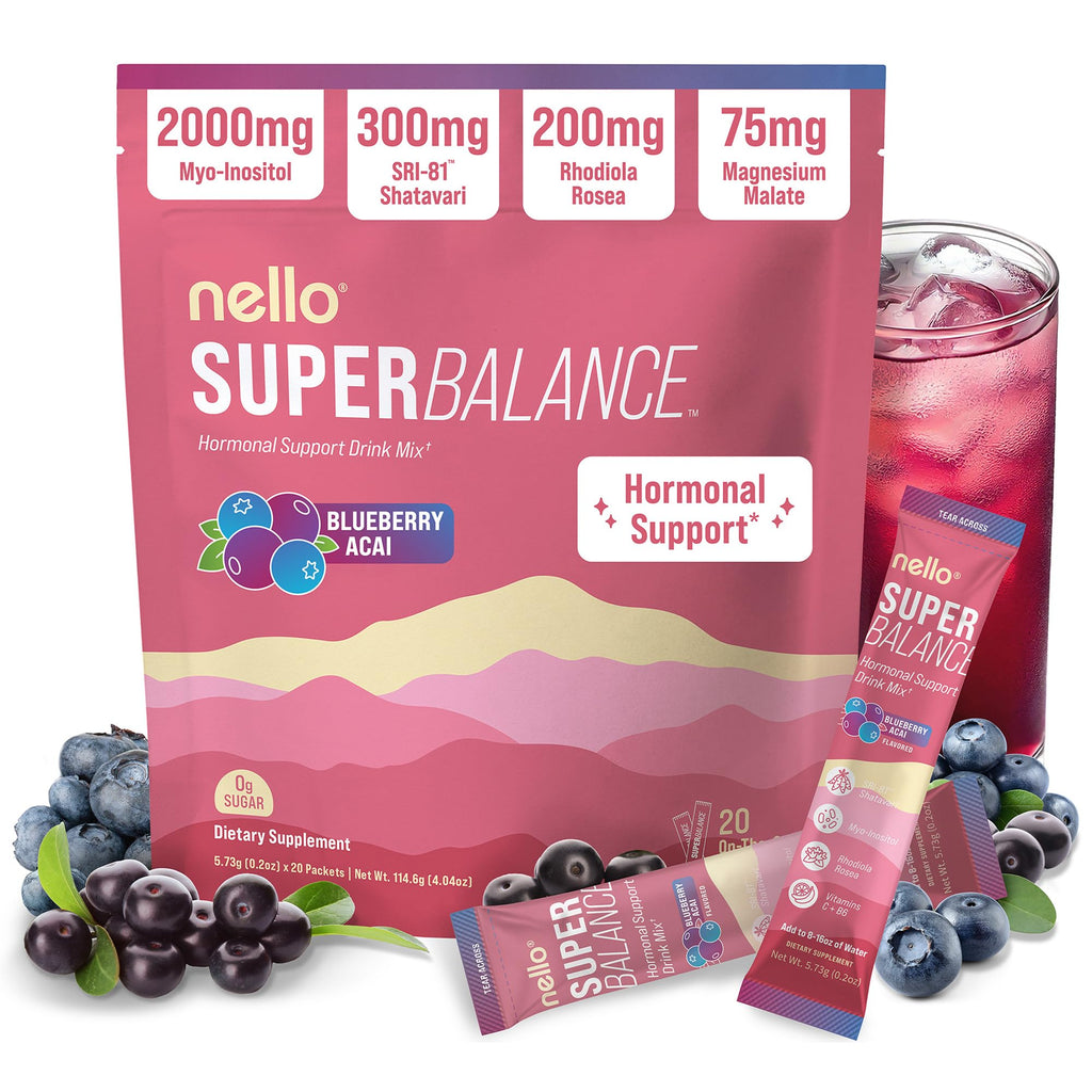 Nello Superbalance Hormonal Support Drink Mix, SRI-81 Shatavari, Myo-Inositol, Rhodiola Rosea, Vitamin C, Magnesium, Theobromine (20 Servings, Cran Apple)