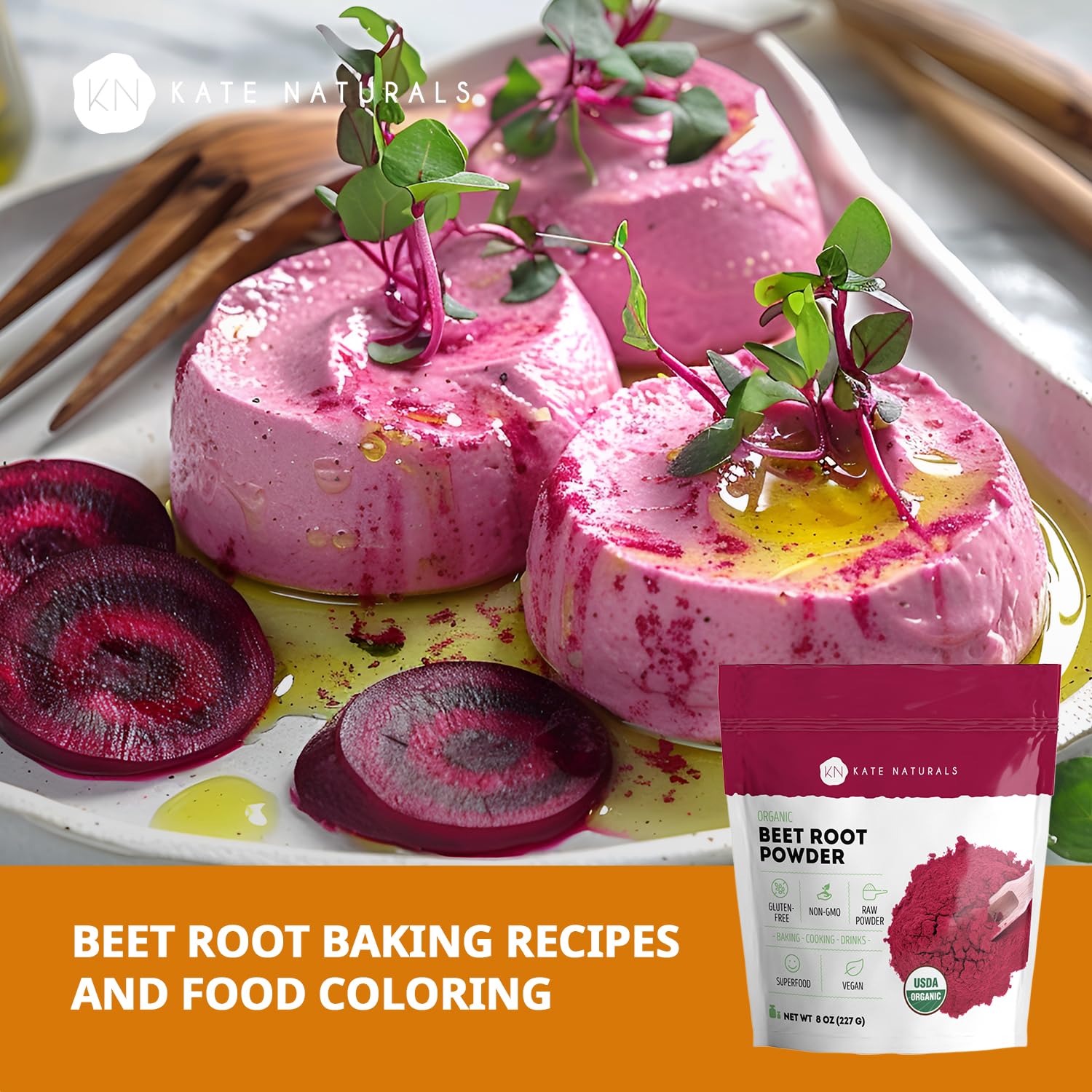 Kate Naturals Organic Beet Root Powder for Smoothies, Baking & Juice, 8oz | Non-GMO, Raw Beetroot Superfood Extract & Natural Red Food Coloring & Nitric Oxide, Earthy Flavor
