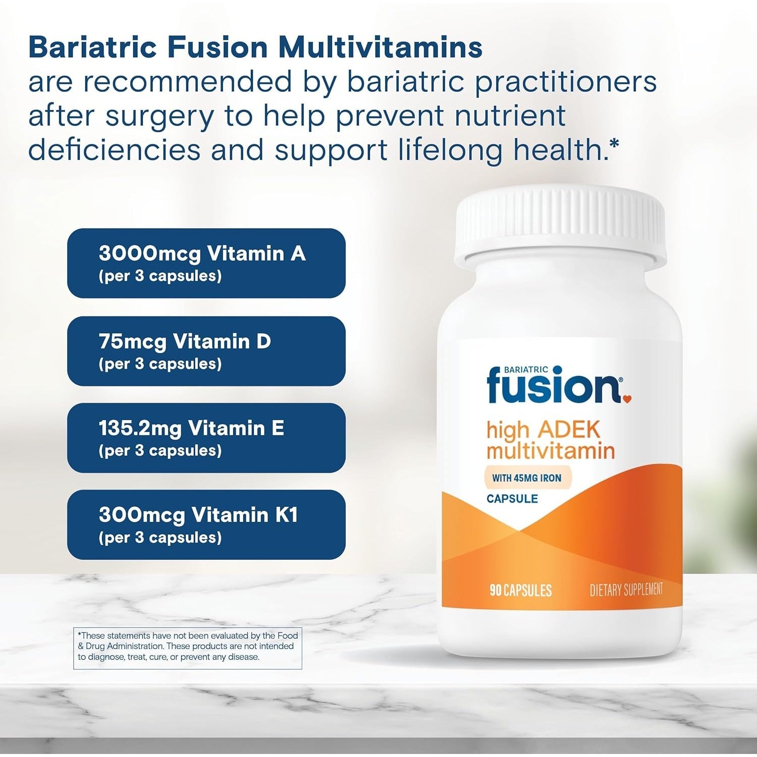 Buy now Bariatric Fusion High ADEK Multivitamin with Iron | Bariatric Multivitamin for Duodenal Switch | Easy to Swallow ADEK Vitamins Bariatric | 90 Capsules | One Month Supply at indiglob india