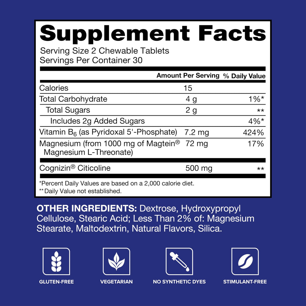 Qunol Brain Health Memory Plus Chewable w/Magtein, Cognizin & VIT B6, 60ct