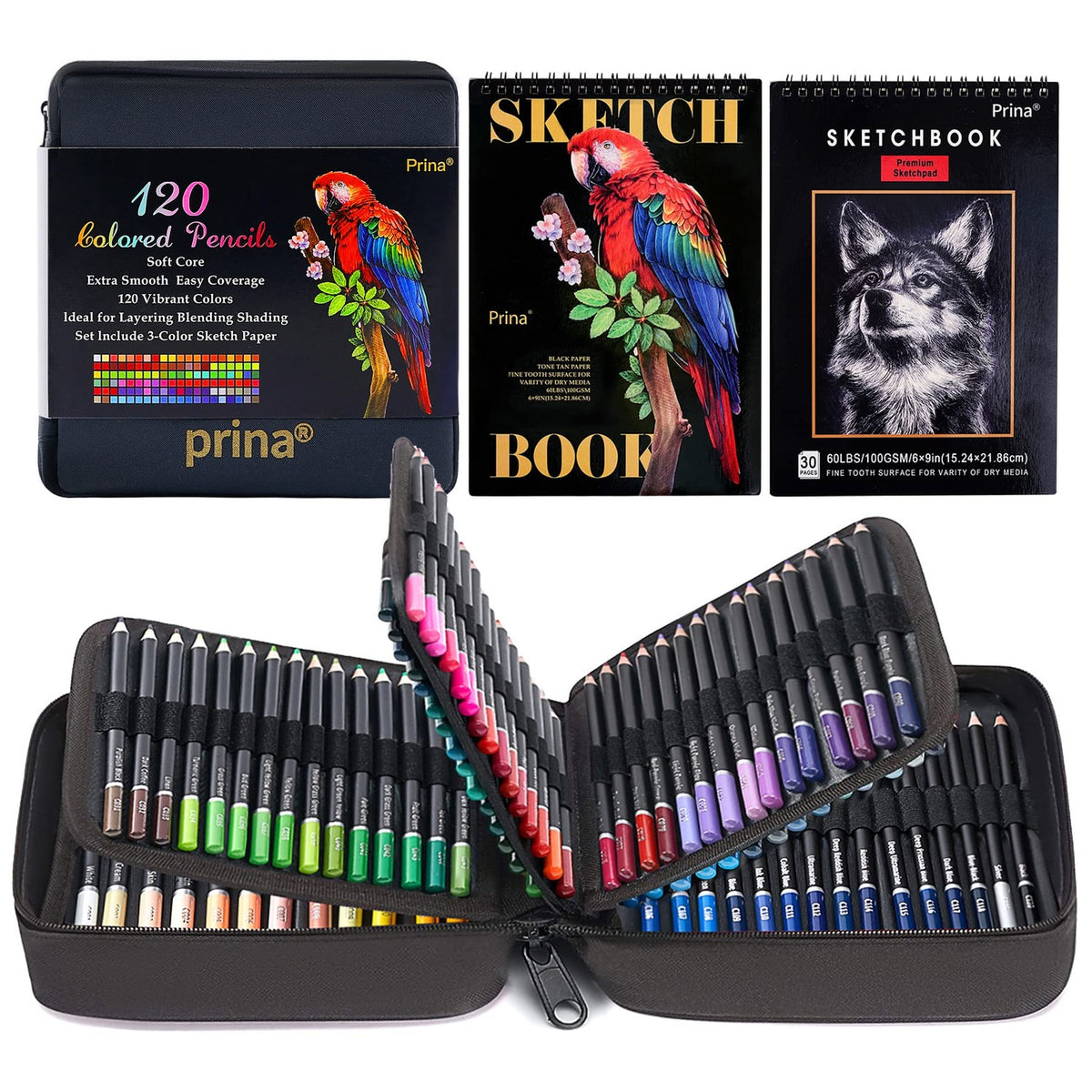 PRINA Art Supplies 120 Colors Colored Pencils Set for Adults Coloring Books with Sketchbook, Professional Vibrant Artists Coloring Pencils for Drawing Sketching Blending Shading, Soft Core Oil Based
