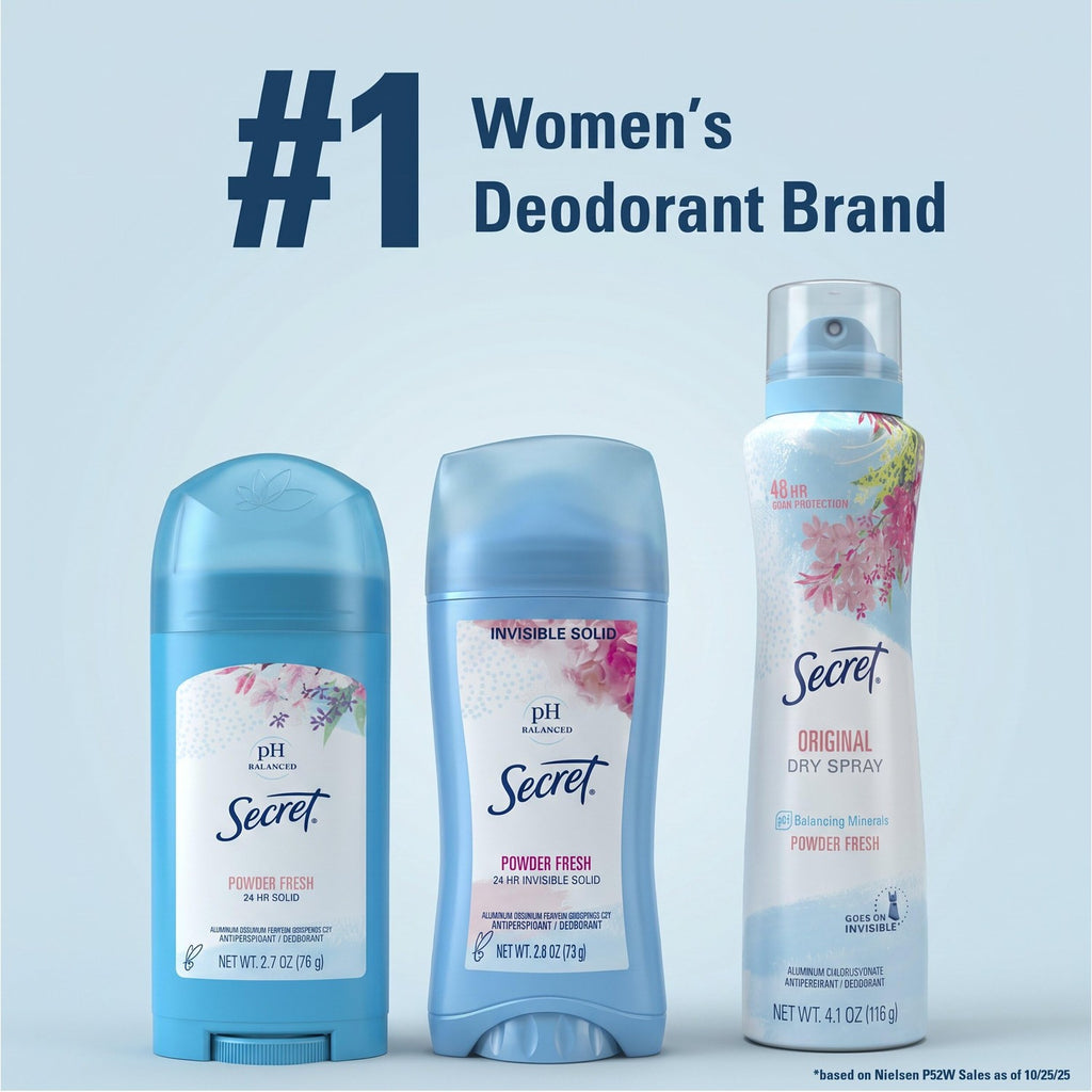 Secret Antiperspirant and Deodorant for Women, 24hr Sweat & Odor Protection, PH Balanced Protection, Gentle on Skin, Wide Solid, Powder Fresh Scent, 2.7 oz (Pack of 2)