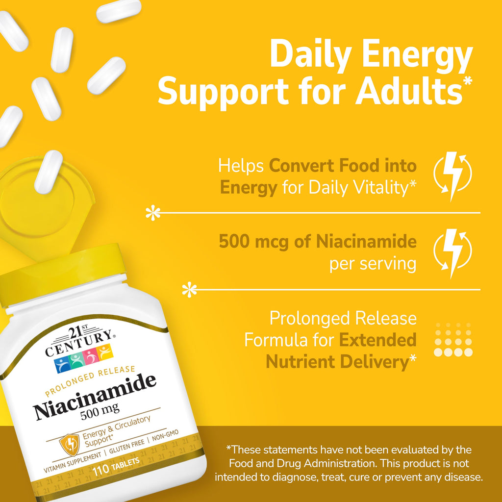 21st Century Niacinamide 500mg Prolonged Release, No Flush, 110 Count | Vitamin B-3 Niacinamide 500 mg, Energy Metabolism & Skin Health Support, No-Flush Formula, Prolonged Release, Non-GMO Tablets