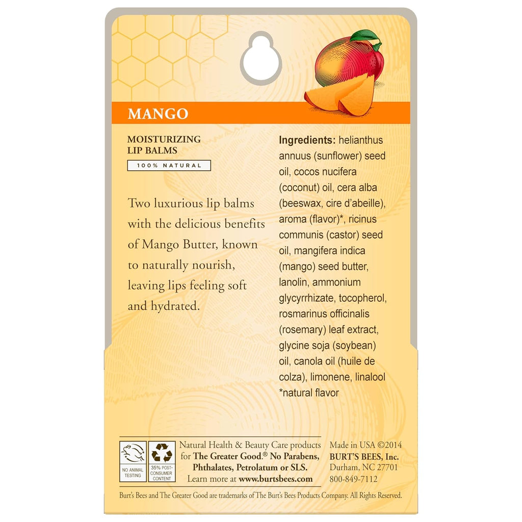 Buy now Burt's Bees Lip Balm - Mango, Lip Moisturizer With Responsibly Sourced Beeswax, Tint-Free, Natural Origin Conditioning Treatment, 2 Tubes, 0.15 oz. (Pack of 2) at indiglob india