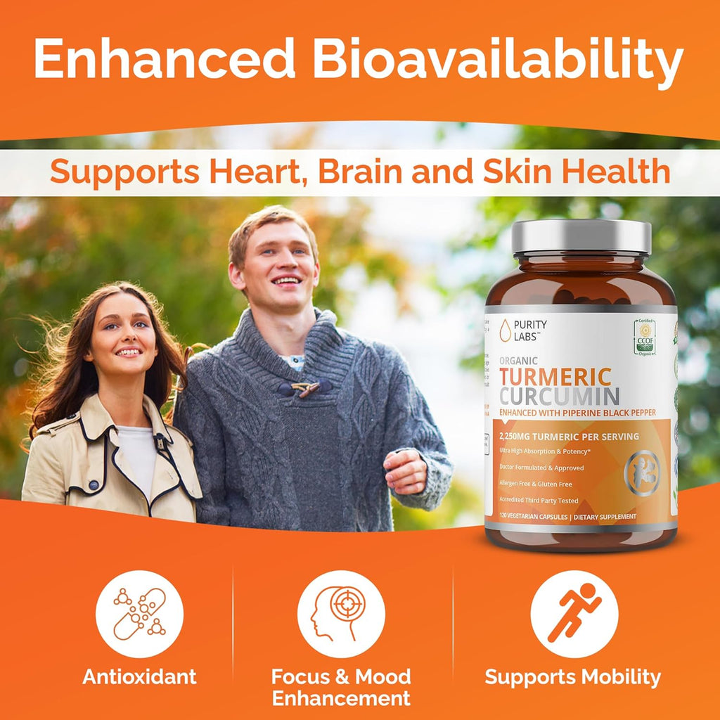Buy now Purity Labs Organic Turmeric Curcumin Supplement with Piperine 2,250 MG/Serving | 95% Curcuminoids Turmeric Supplements, Antioxidant Joint Pain Relief, Muscle & Brain Support | Non-GMO - 120 Capsules at indiglob india