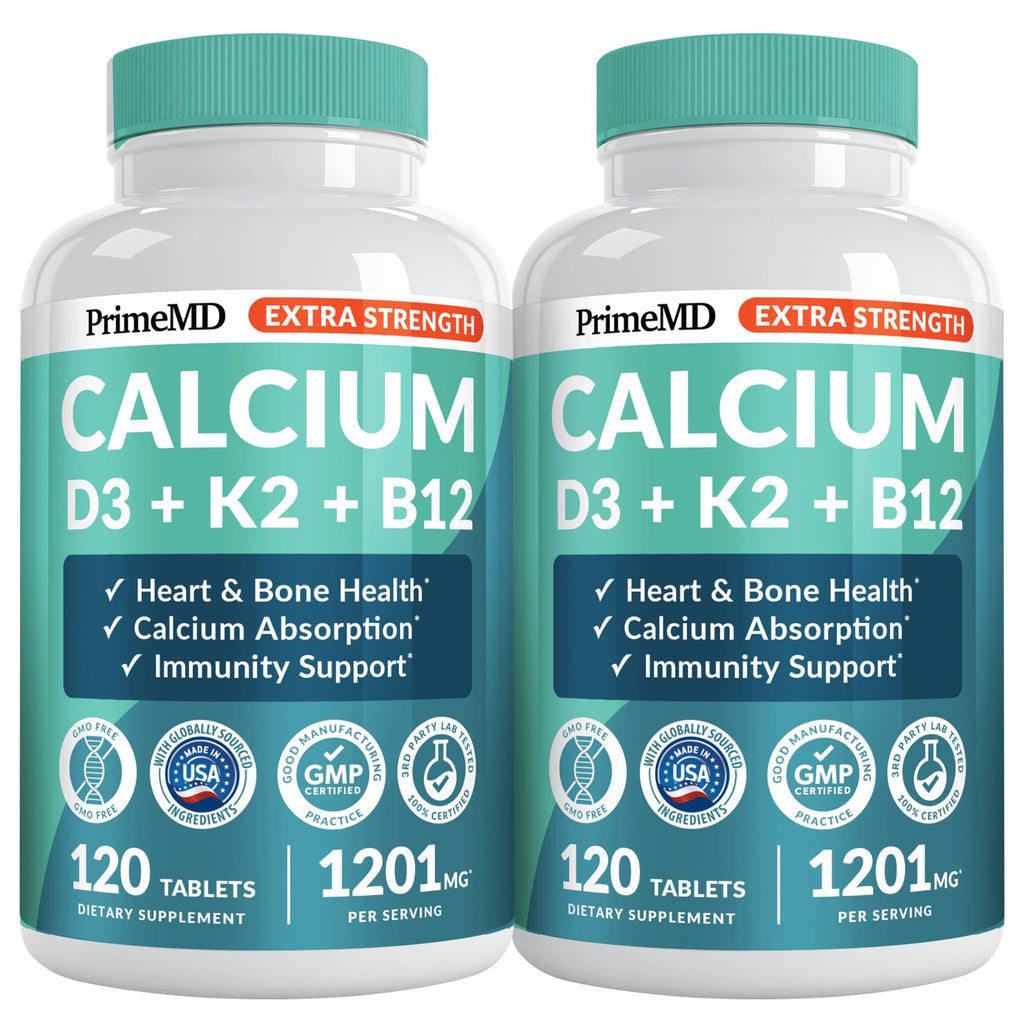 PrimeMD 4-in-1 Calcium 1200mg, Vitamin D3 K2 5000IU, Vegan Non-GMO, 120ct | Bone Health and Everyday Vitality Support, Extra Strength Calcium with Vitamin D3 and K2, Vegan, Non-GMO, Calcium Supplement