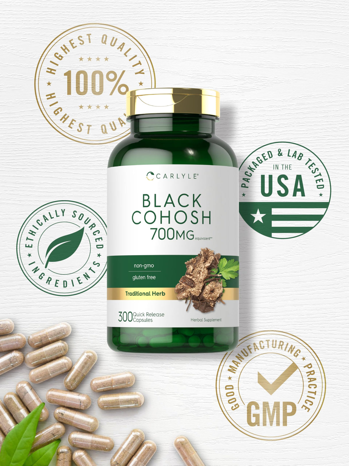Carlyle Black Cohosh Capsules | 300 Count | Non-GMO, and Gluten Free Formula | Black Cohosh Root Extract Supplement