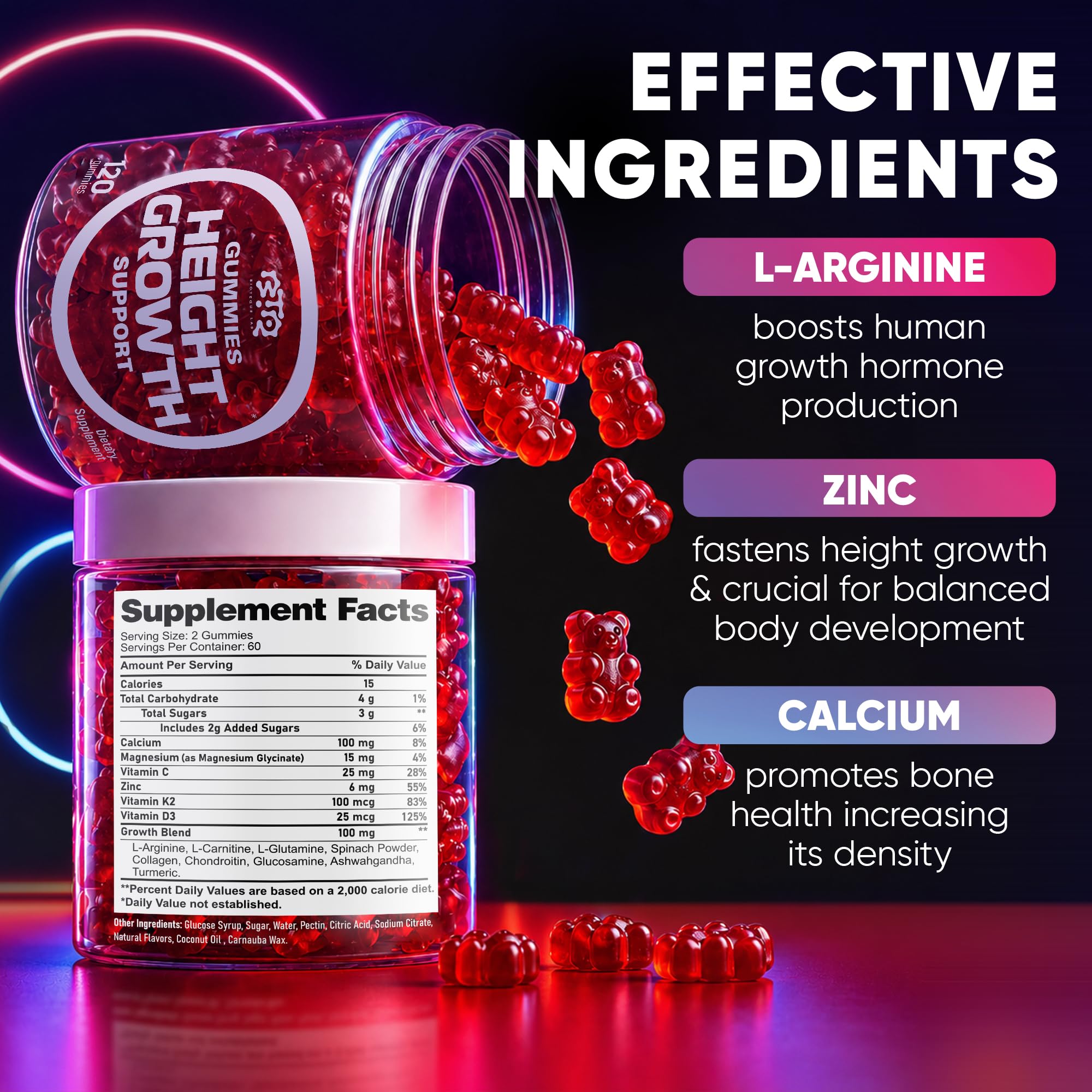 BIOTEQUELAB Height Growth Increase Gummies Vitamins, Grow Tall Supplement, Calcium, Magnesium, Zinc, Ashwagandha, Glucosamine Multivitamin for Teens, Kids, 120 Gummies