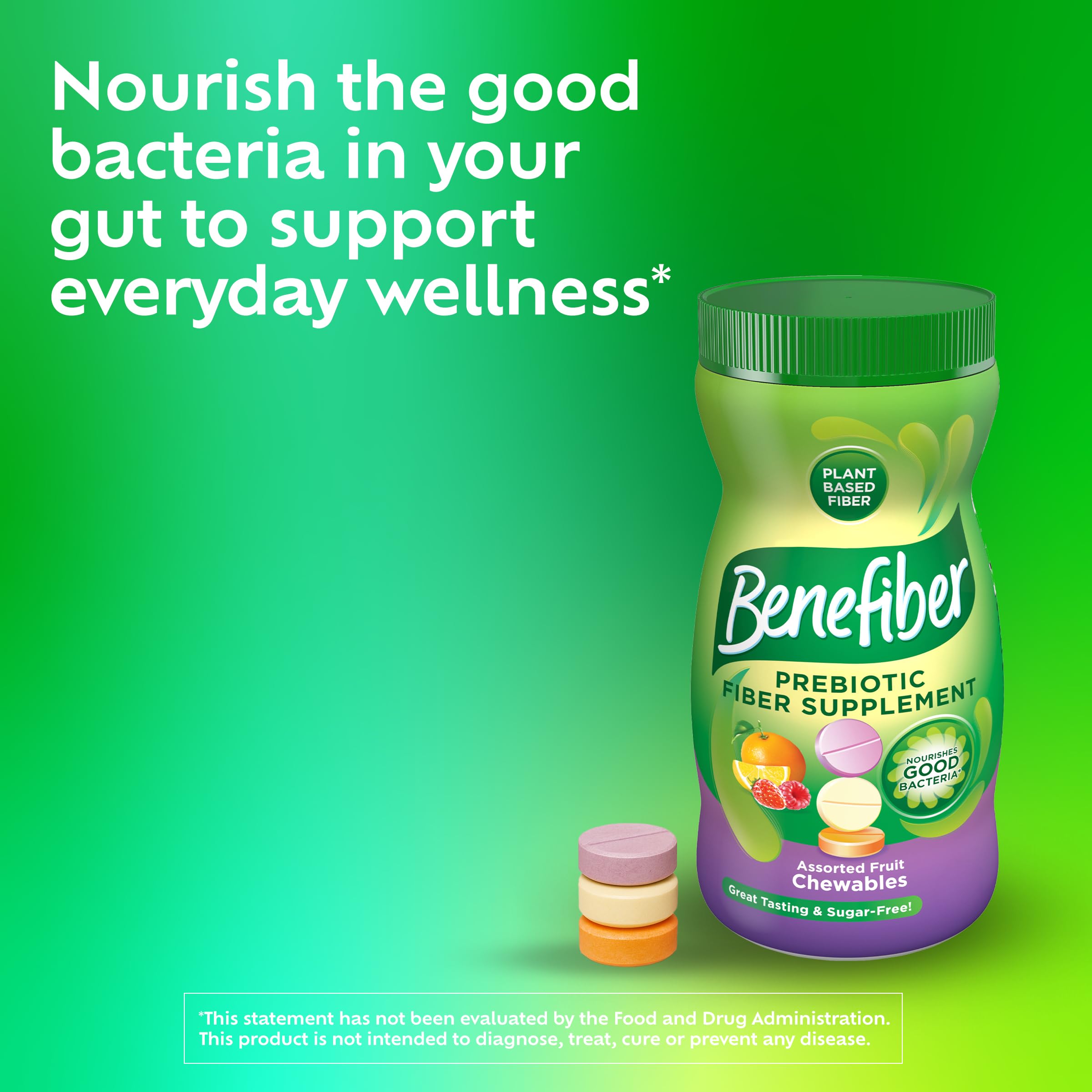 Benefiber Chewable Prebiotic Fiber Tablets, Assorted Fruit Flavors, 100 Ct | Plant-based Prebiotic Fiber, Supports Gut Health by Nourishing Good Gut Bacteria, GLP-1 Support for Digestive Health