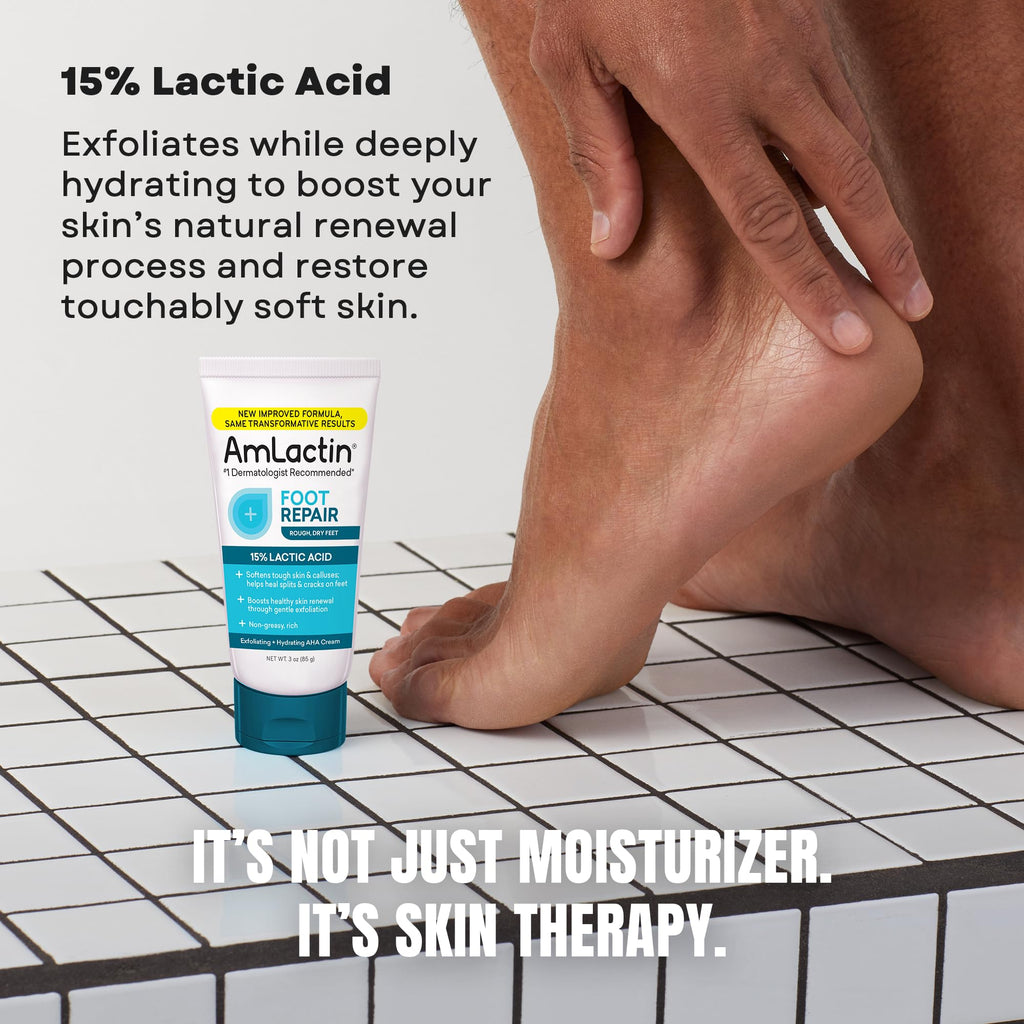 AmLactin Foot Repair Cream, 15% Lactic Acid for Cracked Heels, 3 oz | 15% lactic acid foot cream exfoliates, softens calluses and moisturizes dry, cracked heels and rough feet without scrubbing.