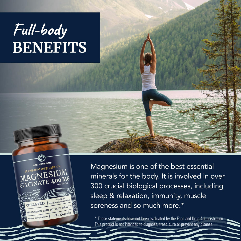 Magnesium Glycinate 400mg, High Absorption, Sleep, Calm & Muscle Support | Muscle Relaxation Heart Bone & Nerve Support for Women & Men, Chelated Magnesium Glycinate Supplement, Non-GMO, 120 Capsules