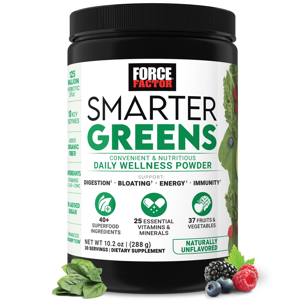 Force Factor Smarter Greens Daily Wellness Powder to Support Gut Health | Greens Superfood Powder for Bloating & Digestion, with 40+ Superfoods, 125 Million CFU of Probiotics, Unflavored, 10 Servings
