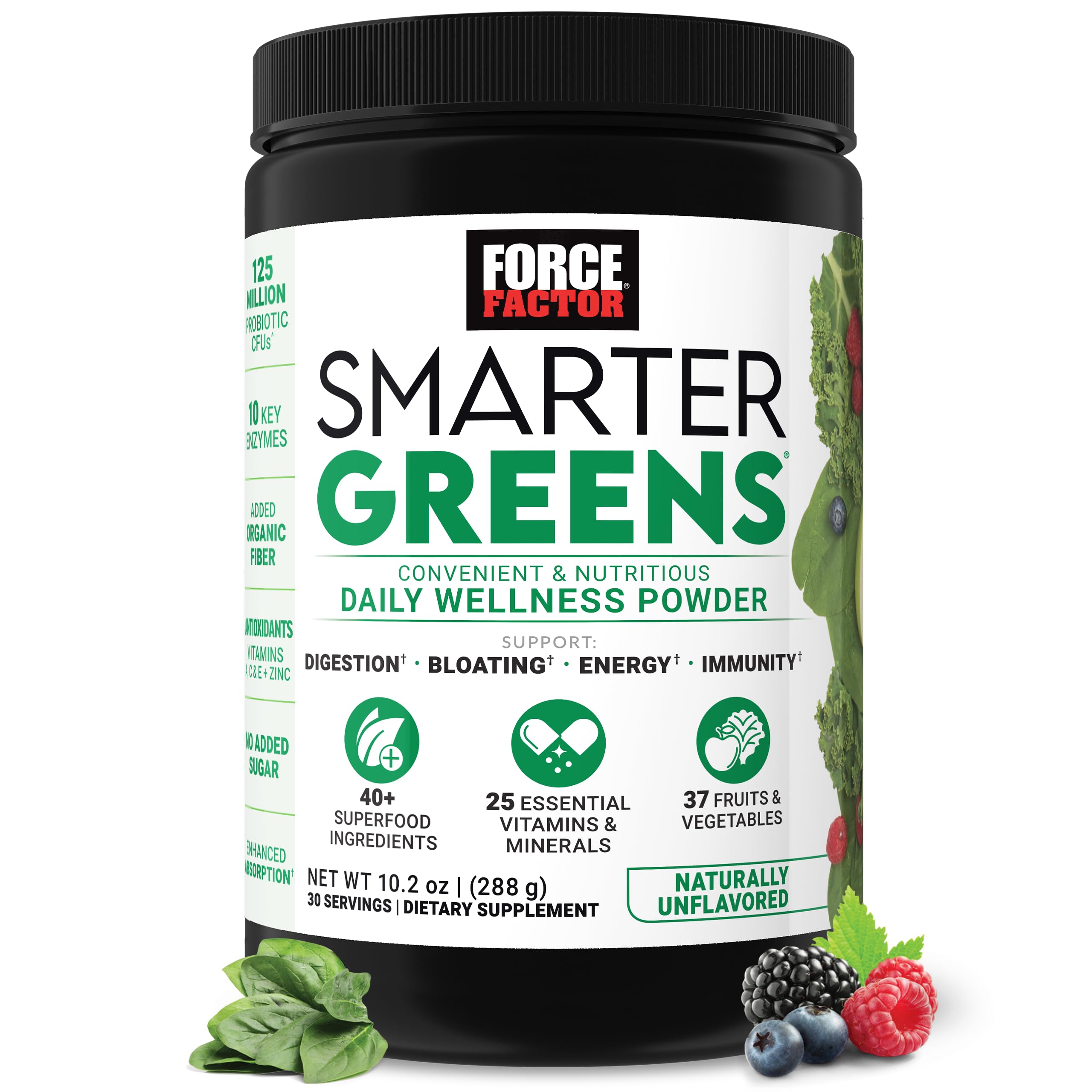 Force Factor Smarter Greens Daily Wellness Powder to Support Gut Health | Greens Superfood Powder for Bloating & Digestion, with 40+ Superfoods, 125 Million CFU of Probiotics, Unflavored, 10 Servings