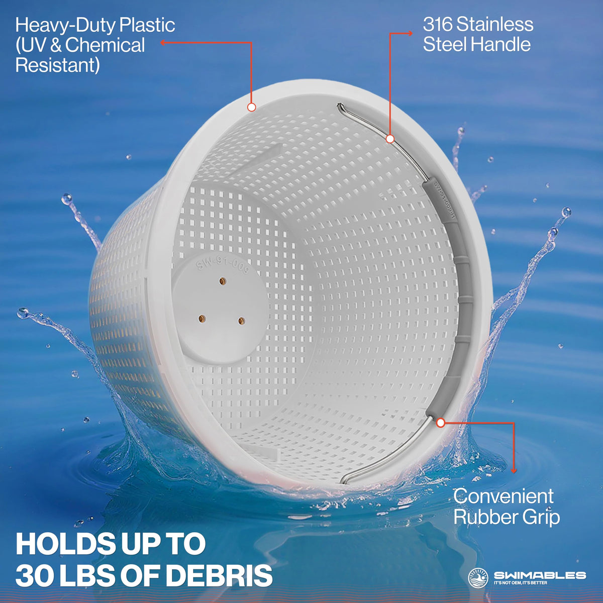 Swimables 8" Pool Skimmer Basket for Inground Pools - Compatible with Pentair U-3 Skimmer Basket 08650-0007 & Hayward SP1070, SPX1070E Pool Basket with Built-in Brass Weight, Handle & Rubber Grip