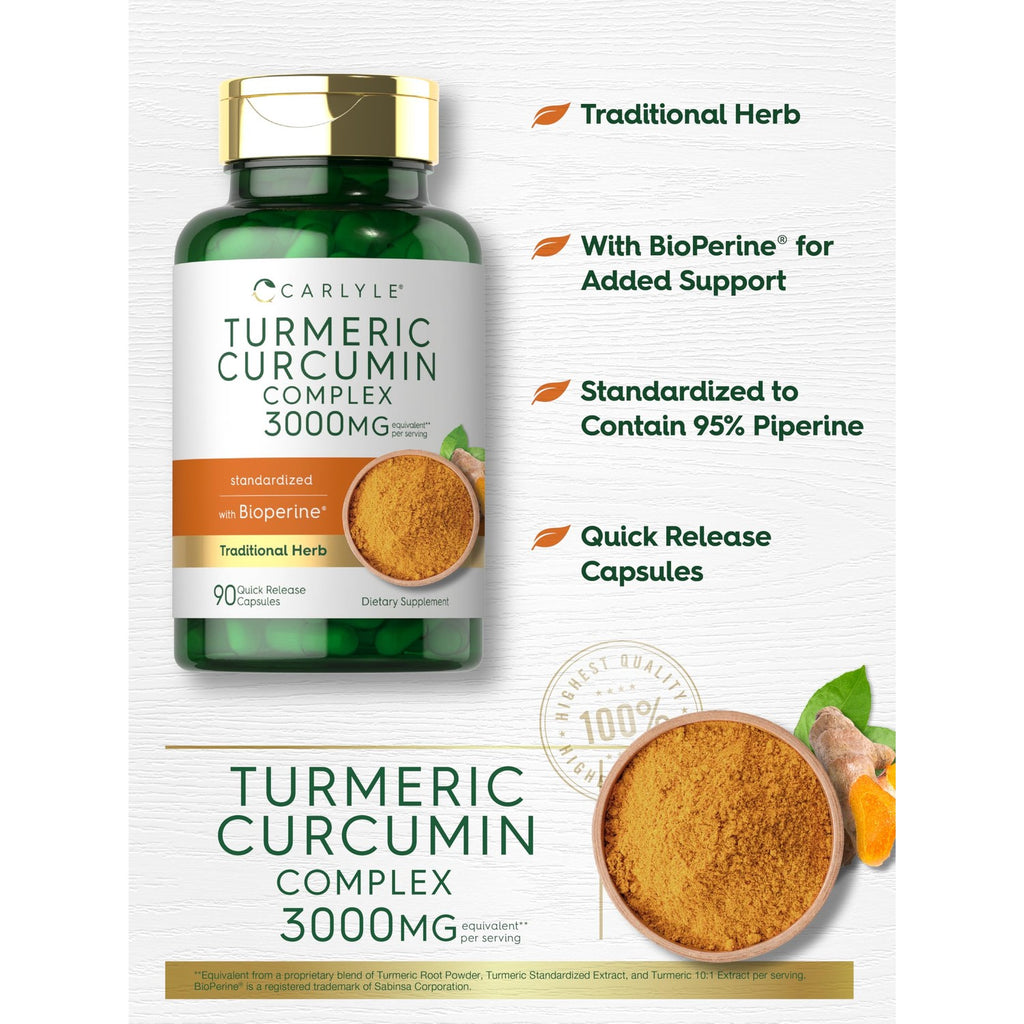 Carlyle Turmeric Curcumin with Black Pepper | 90 Powder Capsules | Complex Supplement with Bioperine | Non-GMO, Gluten Free