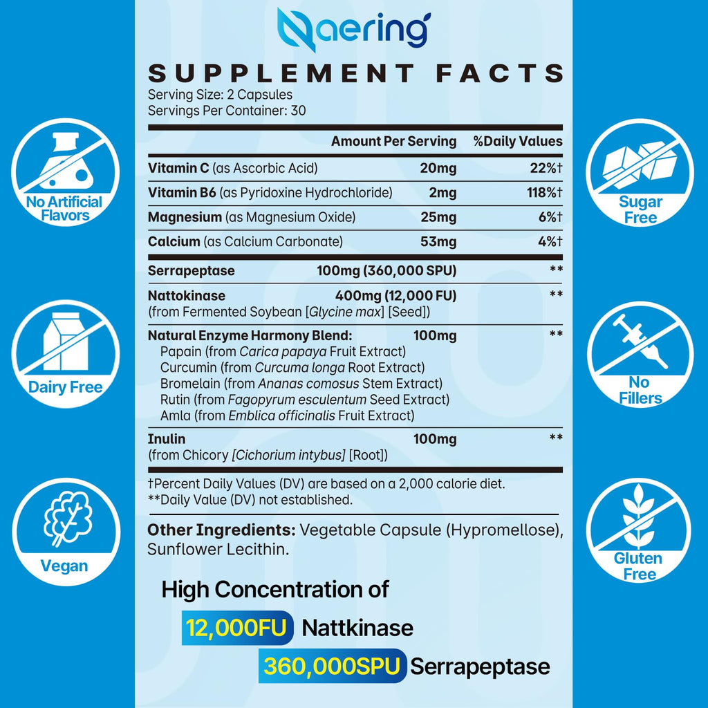 Liposomal Nattokinase 12,000 FU Serrapeptase 360,000 SPU Enzyme Supplement | Enriched with Synergistic Enzymes and Nutrient Blend & Inulin for Circulatory, Gut, Digestion 60 Capsules (2 Bottle)