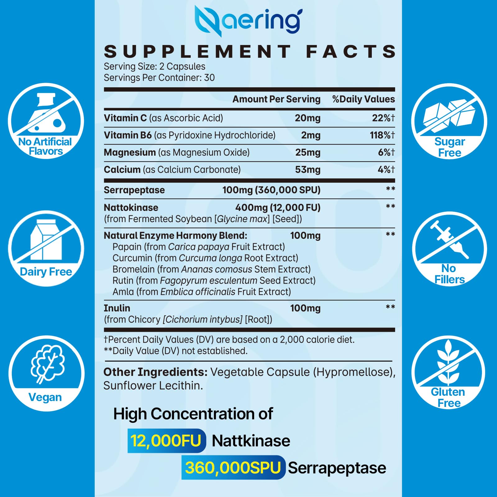 Liposomal Nattokinase 12,000 FU Serrapeptase 360,000 SPU Enzyme Supplement | Enriched with Synergistic Enzymes and Nutrient Blend & Inulin for Circulatory, Gut, Digestion 60 Capsules (2 Bottle)