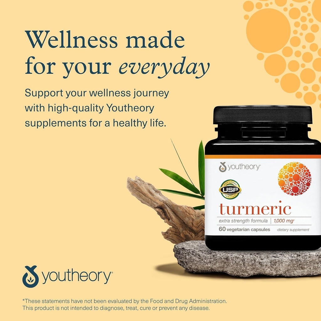 Buy now Youtheory Turmeric Extra Strength - 1,000 mg Turmeric Supplement - with 10 mg Black Pepper - Curcumin Joint Support* - Soy, Dairy & Gluten Free - 60 Vegetarian Capsules at indiglob india