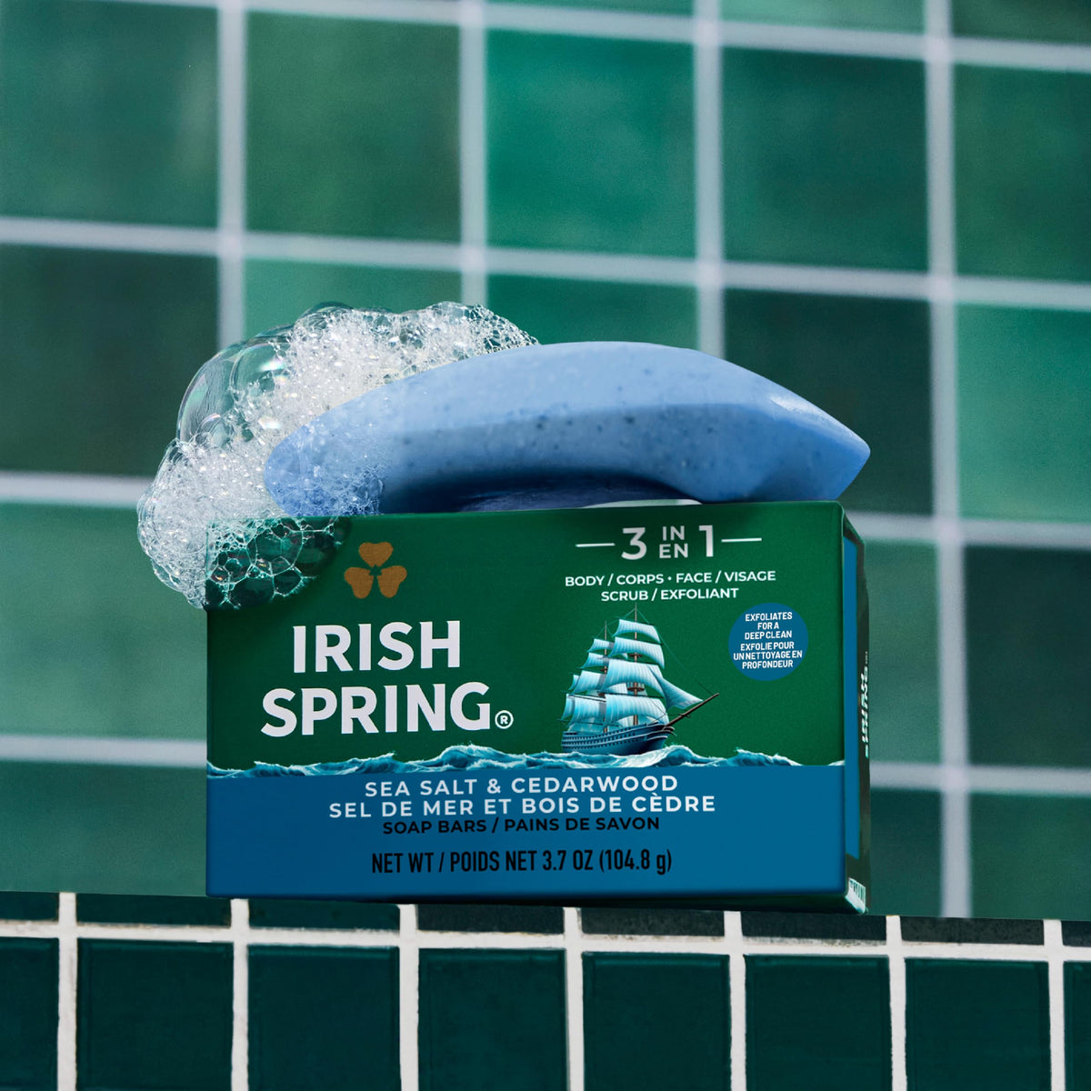 Irish Spring 3-in-1 Men’s Bar Soap Sea Salt & Cedarwood, Exfoliating Deep Clean Body Soap Bar and Face Cleanser, 3.7 oz Soap Bars, 24 Pack