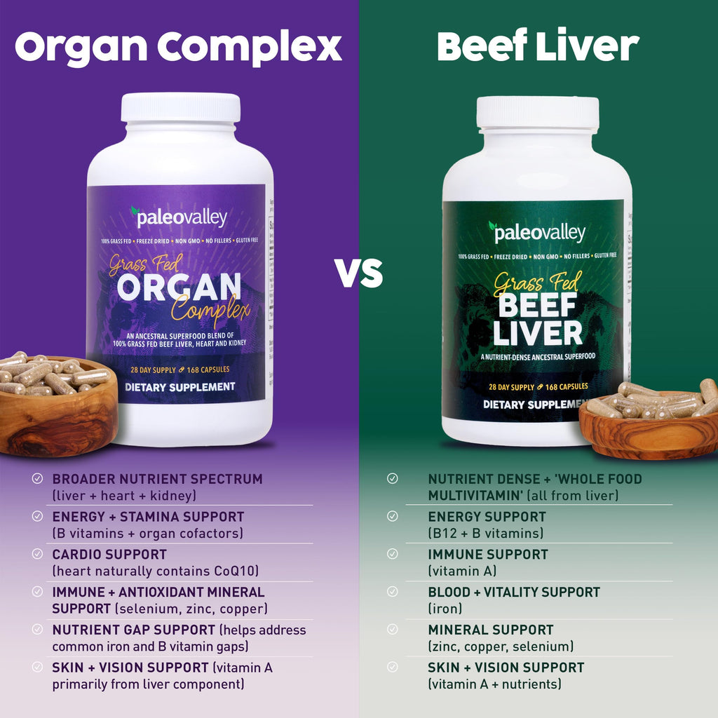 Paleovalley 100% Grass Fed Organ Complex, Beef Liver, Heart and Kidney | Whole Food Multivitamin, Vitamin B12 Supplement, Nutrient Dense Superfood, Freeze Dried, Pasture Raised, Ancestral Nutrition