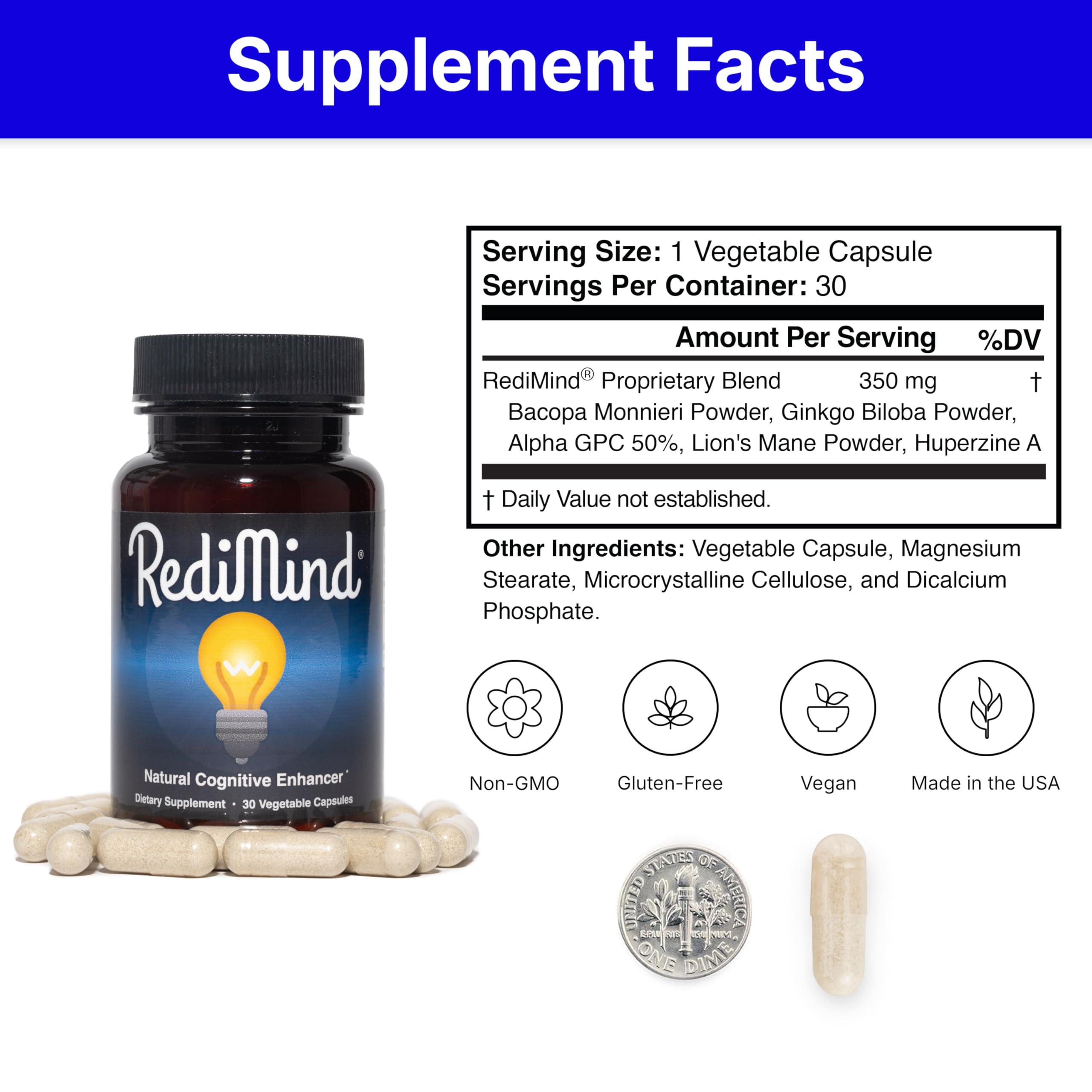 Natural Cognitive Support and Brain Supplement, Vegan, Gluten-Free | Sharpens Memory, Focus, Concentration, and Recall While Promoting Mental Clarity and Cognitive Function, 30-Day Supply