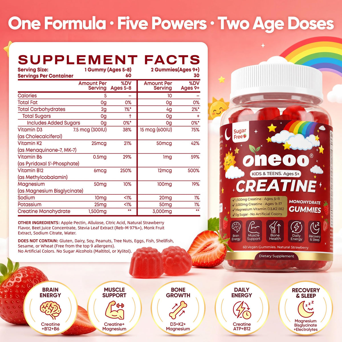 Creatine Monohydrate Gummies for Kids & Teens Ages 5+, with 1500mg-3000mg Creatine Monohydrate, with D3+K2 + Magnesium + B12, Supports Energy, Focus Bone & Brain Health, Sugar-Free, Strawberry 2 Pack