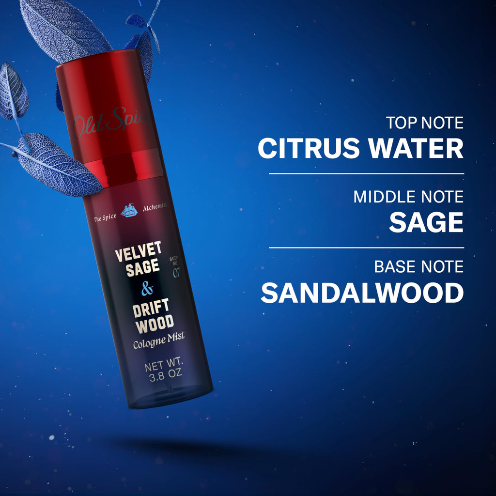 Old Spice Cologne Mist for Men, The Spice Alchemist Collection, 24/7 Cologne Infused Scent, No Trade Off Formula, Free of Parabens & Phthalates, Velvet Sage + Driftwood Scent, 3.8 oz