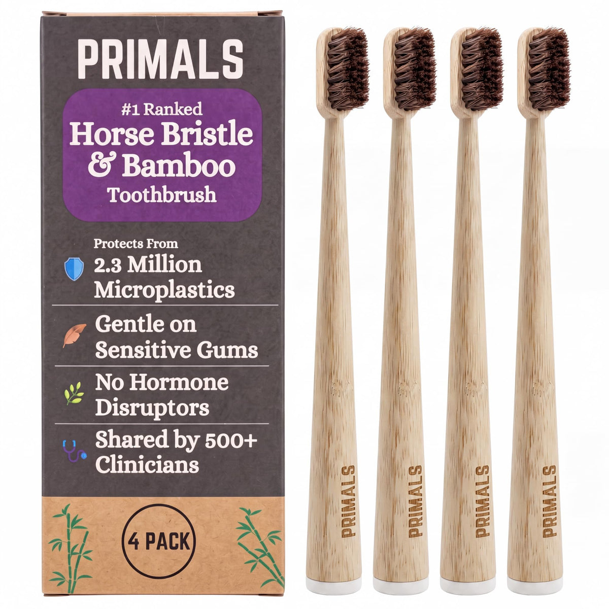 PRIMALS Horse Bristle & Bamboo Toothbrush (4-Pack) - Luxurious & Soft Horse Bristles - Fully Biodegradable - Plastic & Nylon Free - Quick Dry Design
