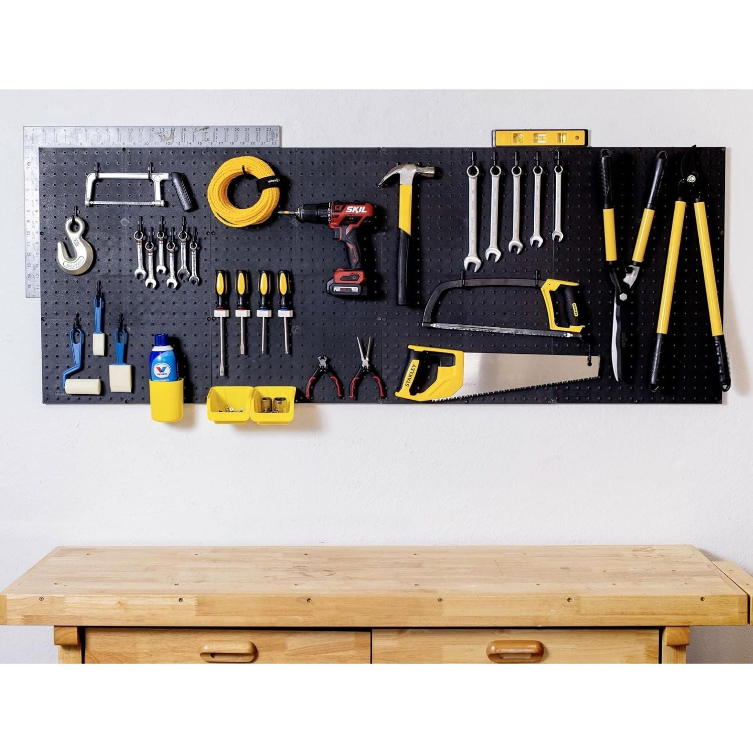 Buy now WallPeg 2 Black Pegboard Panels (24"x16" Each) with 36 Assorted Peg Hooks – Heavy-Duty Peg Board Garage Organizer Kit – Patented Flex-Lock Hooks – Made in USA Wall Storage System at indiglob india