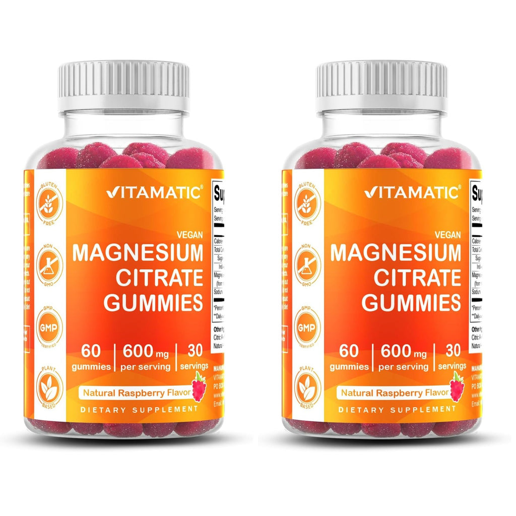 Vitamatic Magnesium Citrate Gummies, 600 mg, 60 Vegan Gummies | 600 mg Magneisum Citrate Per Serving with 70 mg of Elemental Mg, Natural Raspberry Flavor, Non-GMO, Gluten Free, Pectin Based